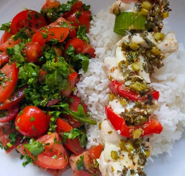 Brochette de poulet, Halloumi et légumes